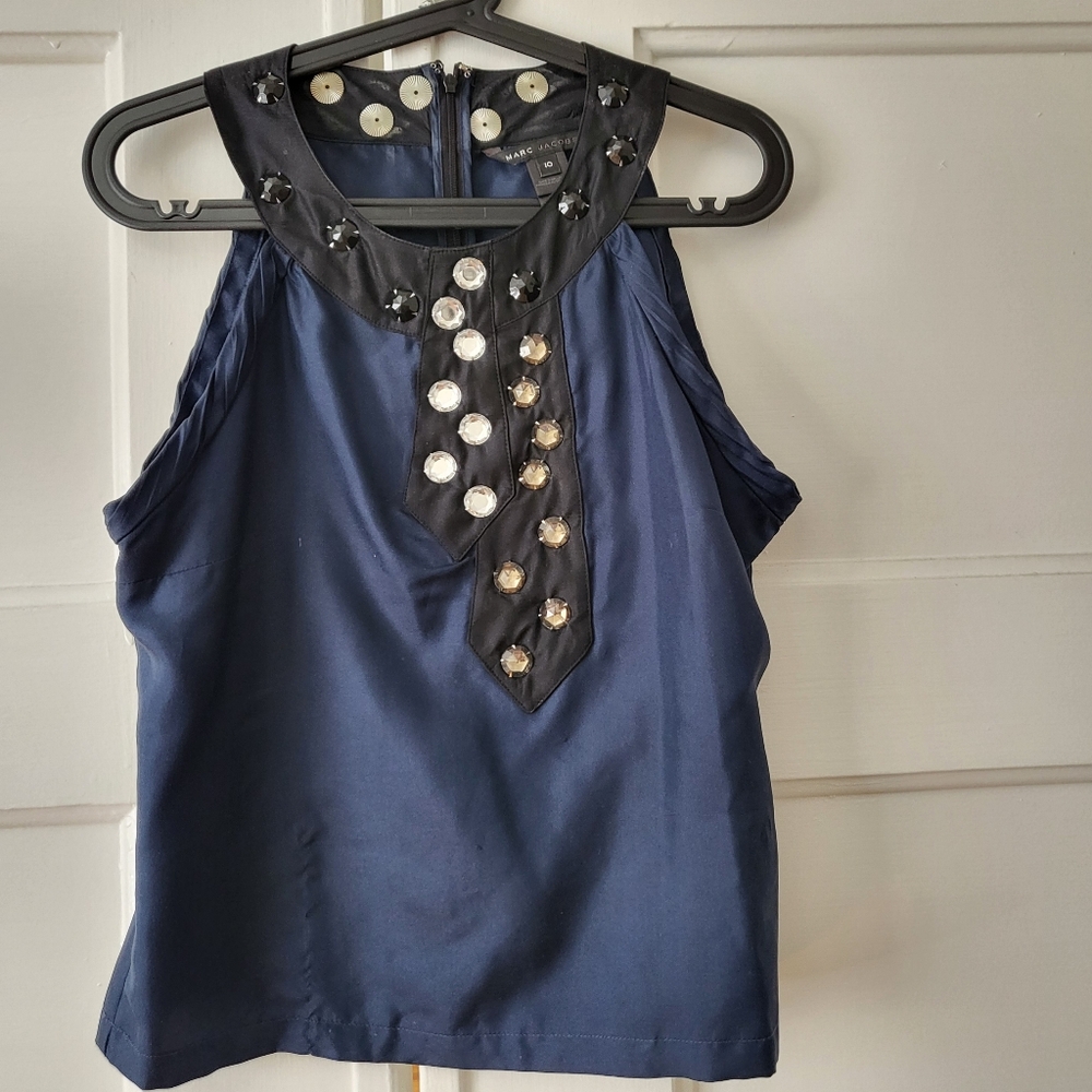 MARC JACOBS Decorative Neck Tie Rhinestone Sleeveless Silk Top Navy Size 10